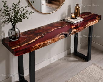 Live Edge Wood Burgundy Resin Console Table, Rustic Modern Hallway Furniture