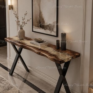 Handcrafted Live Edge Console Table, Orange Resin River, Modern Wood Furniture