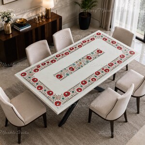Luxury White Marble Dining Table with Floral Inlay, Handmade Pietra Dura Pachekari Art Table, Custom Marble Dining Furniture |