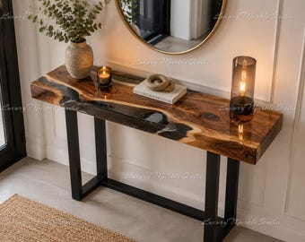 Live Edge Epoxy Console Table, Black Resin Wood Hallway Furniture