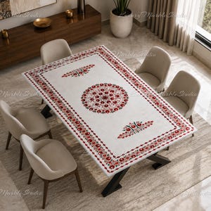 White Marble Dining Tabletop, Pietra Dura Floral Carnelian Inlay, Luxury Furniture