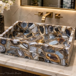 Rectangular Agate Vessel Sink, Natural Stone Bathroom Vanity Basin