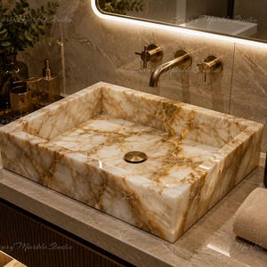 Handcrafted Honey Onyx Rectangular Vessel Sink, Natural Marble Bathroom Vanity Basin
