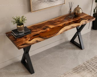 Live Edge Walnut Epoxy River Console Table, Handcrafted Entryway Hallway Sofa Table