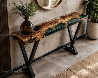 Live Edge Wood Resin River Console Table, Turquoise Epoxy Entryway Furniture