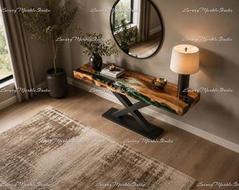 Handmade Blue Epoxy River Sofa Table, Rustic Luxury Console Table, Burl Wood Hallway Table |