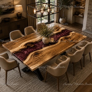 Live Edge Olive Wood Epoxy River Dining Table, Burgundy Resin Handmade Table
