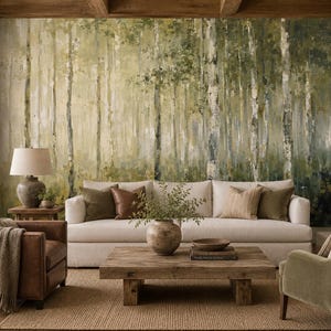 May include: A large-scale wall mural depicting a forest of birch trees in shades of green, olive, and cream. The scene features tall, slender tree trunks set against a soft, painterly background, creating a textured and immersive woodland atmosphere.