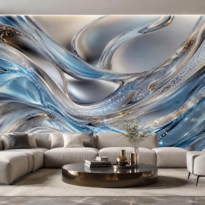 May include: A large wall mural featuring an abstract design of flowing, liquid-like waves in shades of deep blue, silver, and white. The composition includes metallic gold accents and shimmering textures that create a sense of depth and movement.