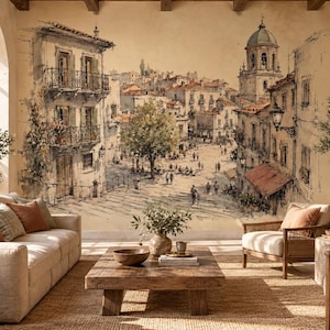 Peut inclure: Une grande fresque murale représentant une illustration détaillée au style croquis d'une place de ville européenne avec des bâtiments en pierre, des balcons, un clocher et des passants. L'œuvre utilise des tons terreux, bruns et crème.