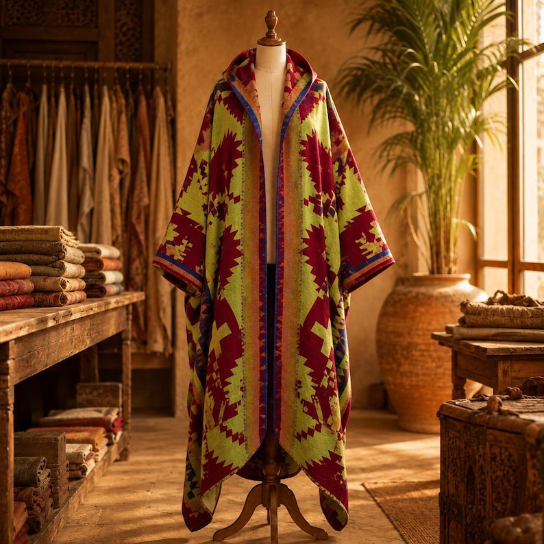 May include: A hooded cloak featuring a vibrant geometric pattern in shades of lime green, deep red, and blue. The garment is displayed on a mannequin, showcasing an open front design with long, flowing panels and a structured hood at the neckline.