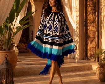 Blue Geometric Boho Fringe Kaftan Poncho | Plus Size Boho Kimono Robe | Modest Open Abaya | Cruise & Winter Vacation Outfit | Gift for Her