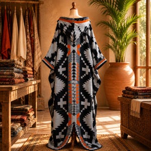 May include: A hooded cloak featuring a geometric pattern in black, grey, and orange. The garment displays a symmetrical design with a central vertical stripe, wide sleeves, and a hood, draped over a mannequin to show its full length and structure.