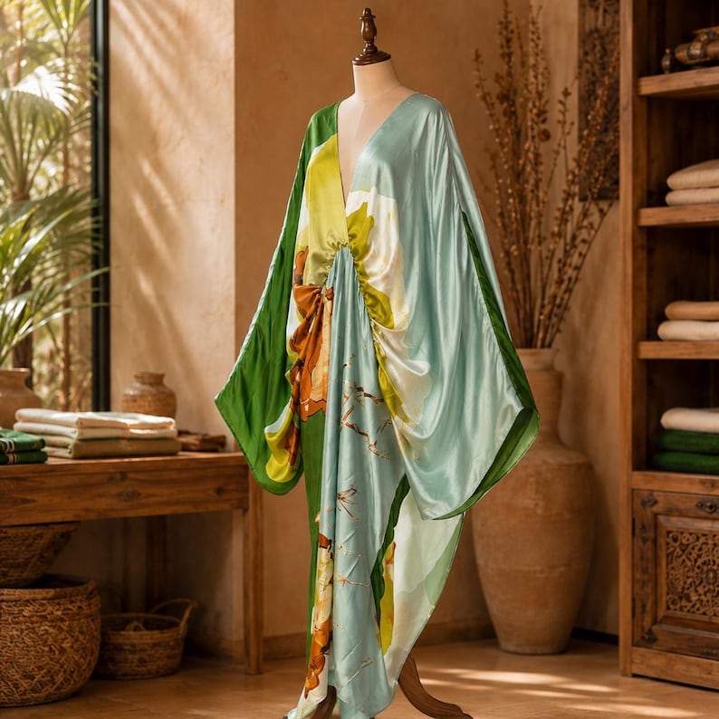 May include: A floor-length satin kaftan dress featuring a V-neckline and wide, flowing sleeves. The garment displays a vibrant botanical print with large abstract floral patterns in shades of sage green, lime yellow, and deep forest green.