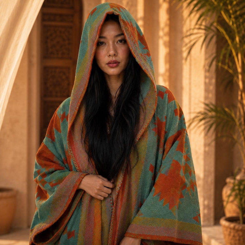 May include: A hooded cloak featuring a geometric pattern in shades of teal, burnt orange, and muted yellow. The garment has a wide hood and a textured fabric construction, draping over the shoulders with a loose, open-front design.