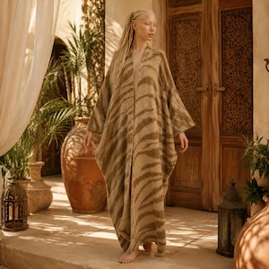 Long Kimono Robe Women | Beige Zebra Print Luxury Loungewear | Boho Resort Wear Duster Cardigan | Elegant Coverup Gift for Her