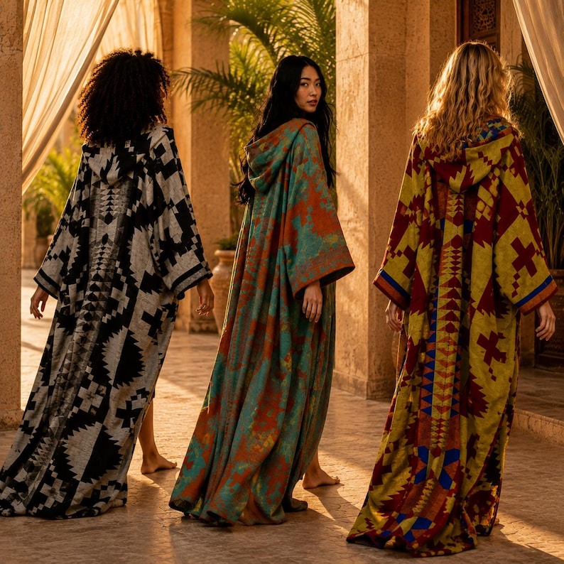 May include: Three hooded floor-length robes featuring distinct patterns. The left robe has a black and white geometric design. The center robe is teal with orange mottled textures. The right robe displays a yellow, red, and blue geometric print.