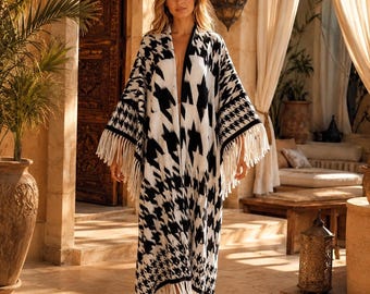 Houndstooth Kimono Robe | Long Boho Cardigan with Fringe | Black White Women's Kaftan | Luxury Resort Wear | Beach Cover Up