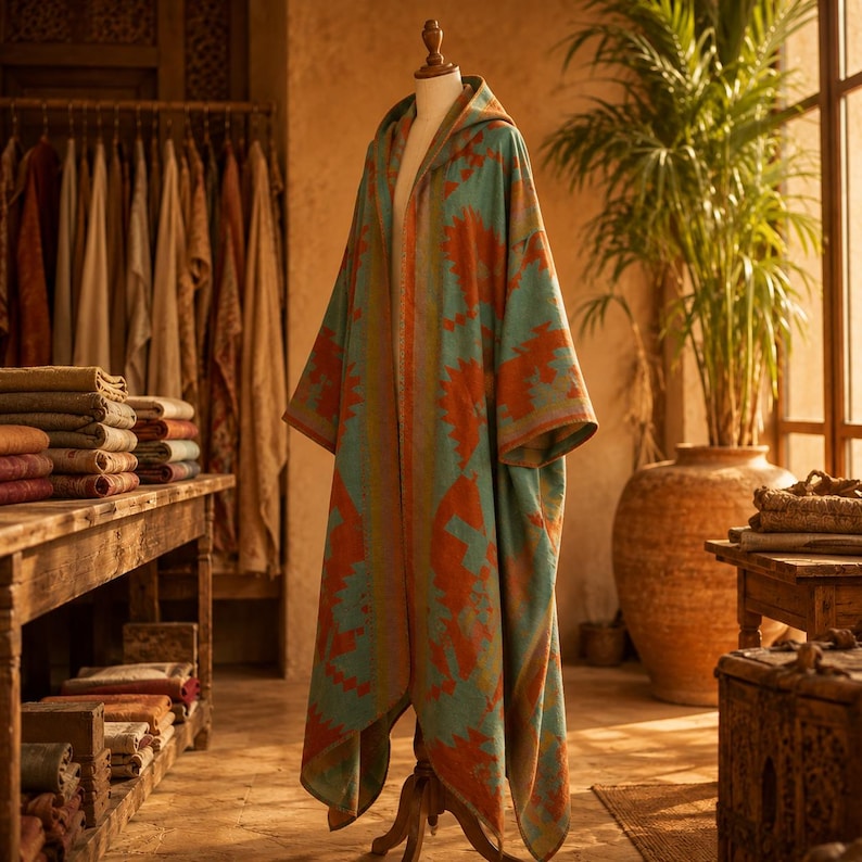 May include: A hooded cloak featuring a teal and orange geometric pattern. The garment is displayed on a mannequin and has an open front design with wide sleeves, showcasing a vibrant color palette and a repeating angular motif across the fabric.