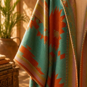 May include: A woven wrap featuring a geometric pattern in shades of teal, burnt orange, and yellow. The fabric displays a textured weave with repeating angular shapes and vertical striped borders along the edges, draped over a mannequin form.