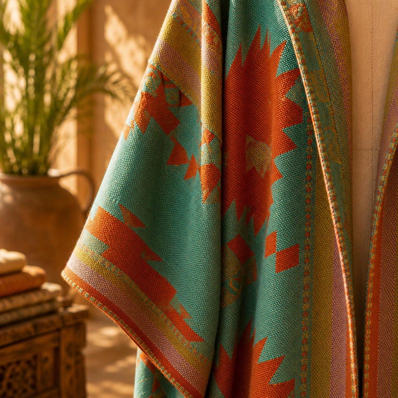 May include: A woven wrap featuring a geometric pattern in shades of teal, burnt orange, and yellow. The fabric displays a textured weave with repeating angular shapes and vertical striped borders along the edges, draped over a mannequin form.
