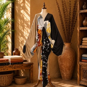 May include: A floor-length kaftan dress featuring a V-neckline and wide sleeves. The garment displays a color-blocked design with panels of tan, black, white, and yellow, accented by a floral pattern on the black section and a central gathered waist.
