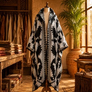 May include: A hooded cloak featuring a bold black and light gray geometric pattern. The garment is displayed on a mannequin and has an open front design with a wide, structured hood and long, flowing panels that drape down to the lower hemline.