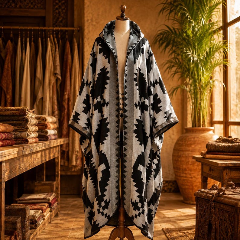 May include: A hooded cloak featuring a bold black and light gray geometric pattern. The garment is displayed on a mannequin and has an open front design with a wide, structured hood and long, flowing panels that drape down to the lower hemline.