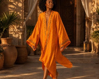 Oranger langer Kimono-Bademantel | Boho-Strandkleid mit goldenen Verzierungen | Kaftan für Damen-Resortmode | Sommerurlaubsoutfit