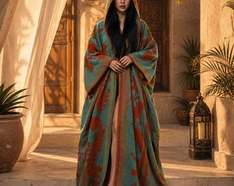 Boho Hooded Poncho Dress | Women's Geometric Tribal Kimono Cape | Oversized Winter Kaftan | Southwestern Beach Cover Up | Festival Wrap