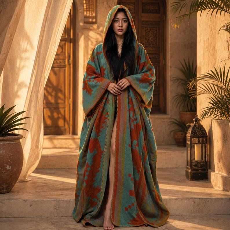 May include: A hooded cloak featuring a teal and burnt orange geometric pattern. The garment has long, wide sleeves and an open front design that drapes to the floor. The fabric displays a repeating angular motif throughout the entire piece.