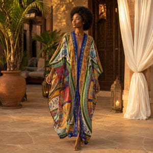 Könnte beinhalten: Ein bodenlanger, vorne offener Kaftan mit einem lebendigen Patchwork aus Blumen- und geometrischen Mustern in Gelb-, Blau-, Rot- und Grüntönen. Das Kleidungsstück hat weite Ärmel und einen einfarbigen blauen Saum entlang der Vorderseite.