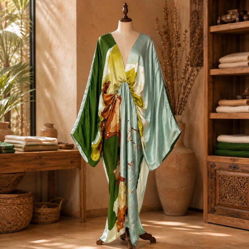 May include: A floor-length kaftan dress featuring a V-neckline and wide, flowing sleeves. The garment is made of a smooth, satin-like fabric with a large-scale abstract print in shades of forest green, light mint green, yellow, and brown.