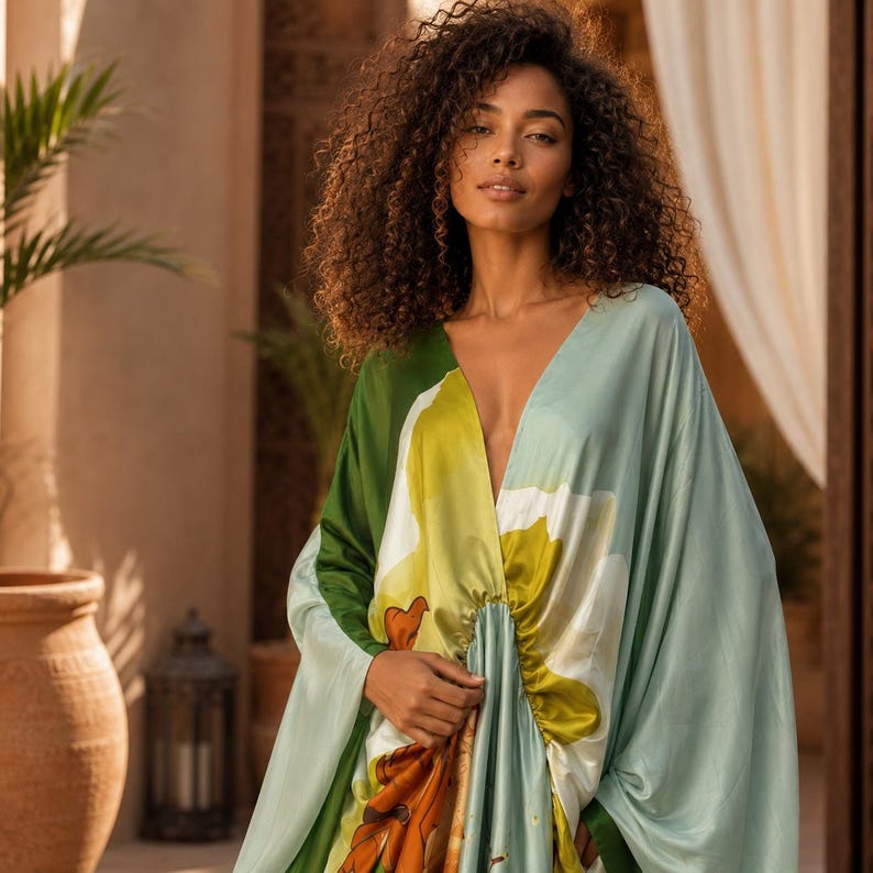 May include: A flowing kaftan dress featuring a deep V-neckline and a gathered center waist. The garment displays a large-scale abstract floral print in shades of forest green, lime green, pale mint, and burnt orange on a smooth fabric.