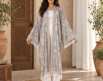 Long Paisley Kimono Cardigan, Pastel Print, White Fringe | Plus Size Boho Duster Cardigan | Modest Open Abaya | Fall Winter Layering
