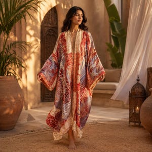 Long Boho Kimono Robe | Women's Patchwork Print Beach Cover Up | Luxury Resort Wear Kaftan | Summer Vacation Outfit