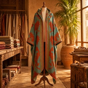 May include: A hooded cloak featuring a teal and orange geometric pattern. The garment is displayed on a mannequin and has an open front design with long, wide sleeves. The fabric displays a repeating angular motif throughout the entire piece.
