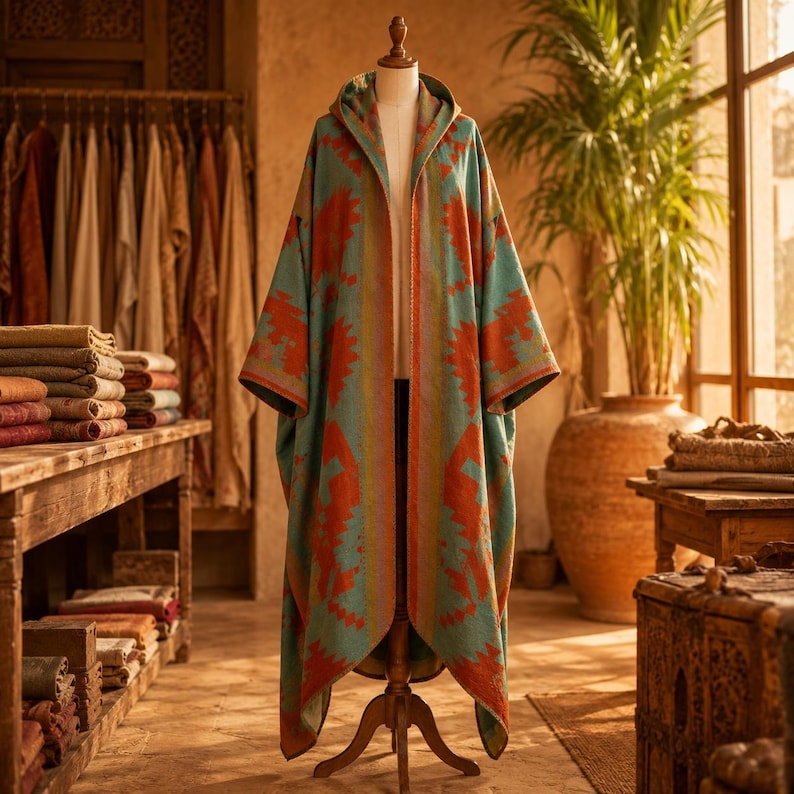 May include: A hooded cloak featuring a teal and orange geometric pattern. The garment is displayed on a mannequin and has an open front design with long, wide sleeves. The fabric displays a repeating angular motif throughout the entire piece.