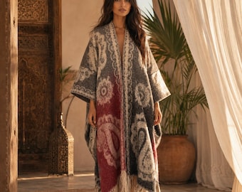 Paisley Print Boho Fringe Kimono Robe | Plus Size Boho Duster Cardigan | Modest Open Abaya | Fall Winter Layering | Christmas Gift for Her