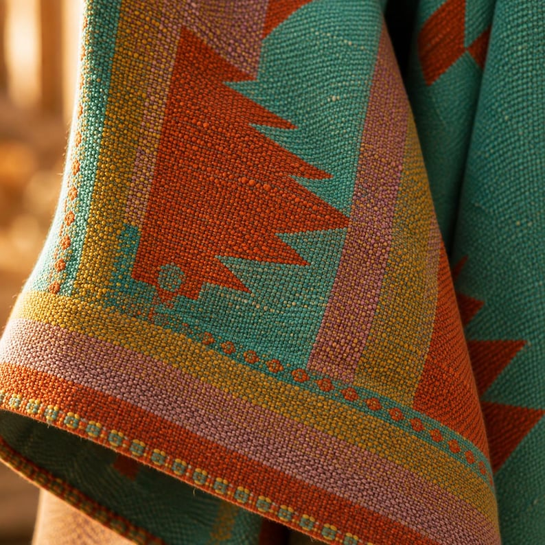 May include: A woven textile blanket featuring a geometric pattern with large triangular shapes in burnt orange, teal, and mustard yellow. The fabric has a visible textured weave with a decorative border consisting of small dots and stripes.