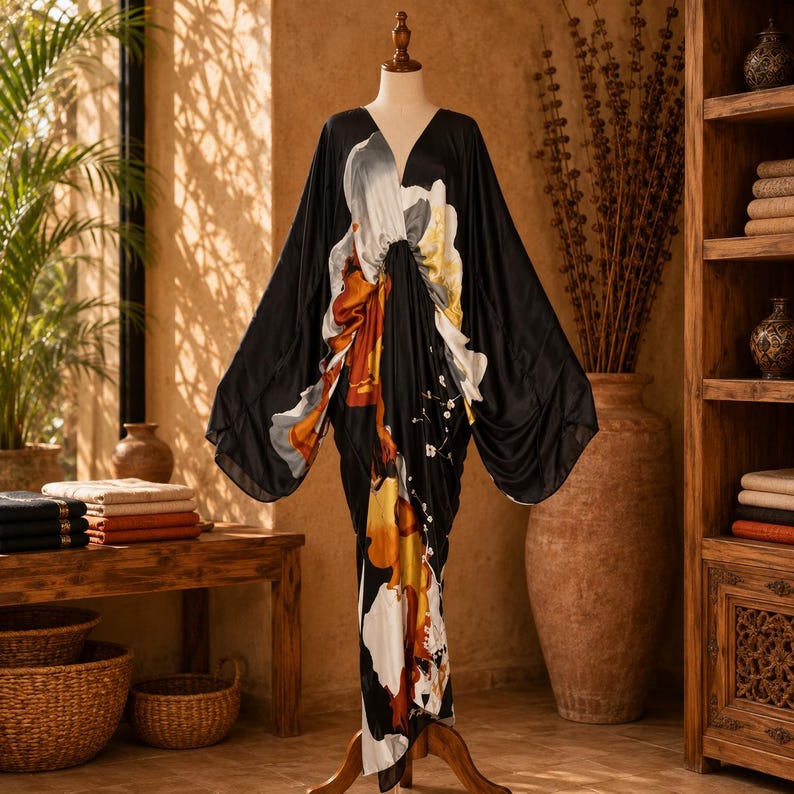 May include: A floor-length black kaftan dress featuring a deep V-neckline and wide, flowing sleeves. The fabric displays a large, abstract floral print in shades of white, orange, and yellow, concentrated at the center and hem.