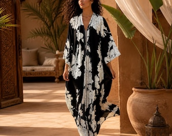 Long Black Floral Kimono Robe, Elegant | Plus Size Boho Kimono Robe | Modest Open Abaya | Cruise & Winter Vacation Outfit | Gift for Her