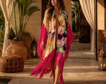 Pink Fringe Boho Kimono Cover Up, Abstract Floral Kaftan, Resort Wear, Summer Vacation Outfit