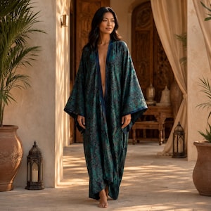 Langer Boho-Kimono-Bademantel – Strandkleid mit türkisfarbenem Paisley-Muster | Luxuriöser Damen-Kaftan für Resort- und Urlaubsoutfits