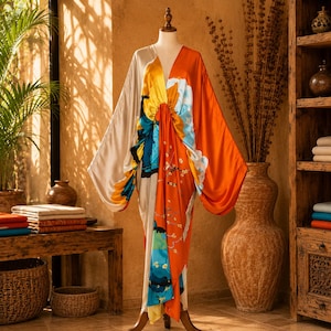 May include: A floor-length kaftan dress featuring a vibrant, multi-colored abstract print with bold sections of orange, cream, blue, and yellow. The garment has wide, flowing sleeves, a deep V-neckline, and a gathered waist detail.