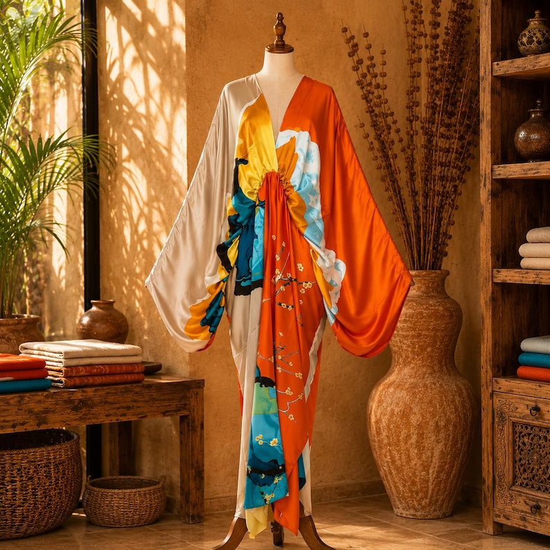 May include: A floor-length kaftan dress featuring a vibrant, multi-colored abstract print with bold sections of orange, cream, blue, and yellow. The garment has wide, flowing sleeves, a deep V-neckline, and a gathered waist detail.