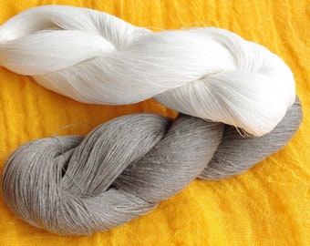 Linen yarn 200gr natural grey white yarn, hanks of yarn, laceweight yarn