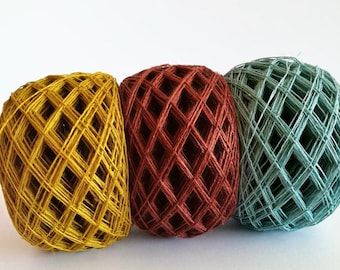 Linen yarn in balls, linen 3ply thread,  natural linen yarn, gold ocher,brown,aqua yarn