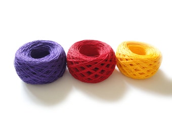 Linen yarn, 3ply thread,  natural linen yarn, purple, red, yellow yarn, bright yarn