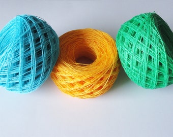 Linen bright yarn, linen thread,  crochet yarn, natural linen yarn, 3ply yarn, yellow, green, turquoise, bright color